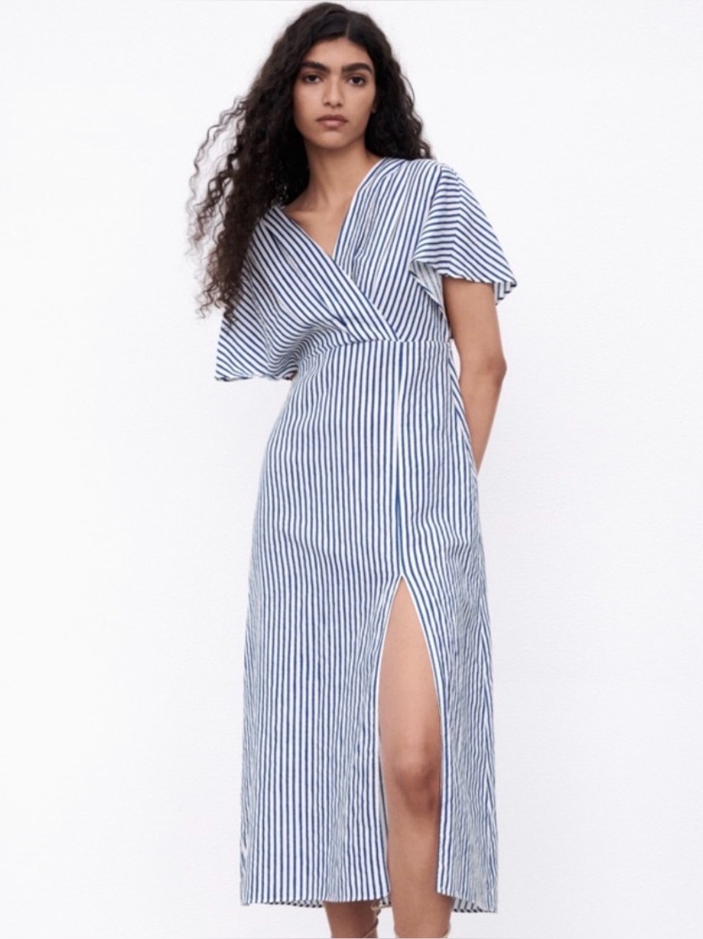 Zara Navy and White Vertical-Strip Midi Dress Sz L